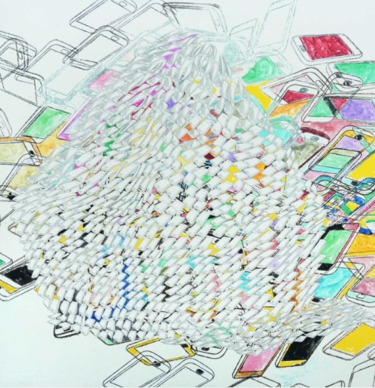 Gem&auml;lde mit vielen bunten und vielen farblosen Smartphones, gro&szlig;en und kleinen, die &uuml;bereinander liegen oder rollen